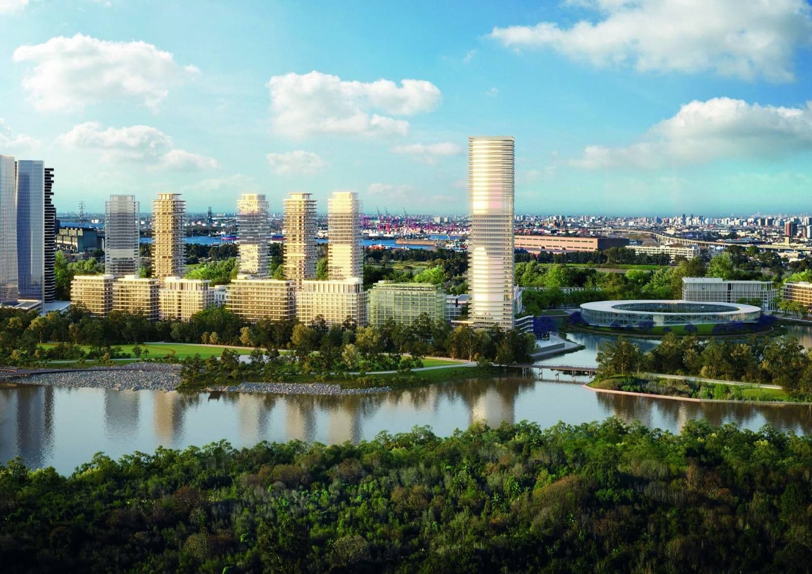 Render del parque y la bahía de Ramblas del Plata frente al skyline de Puerto Madero