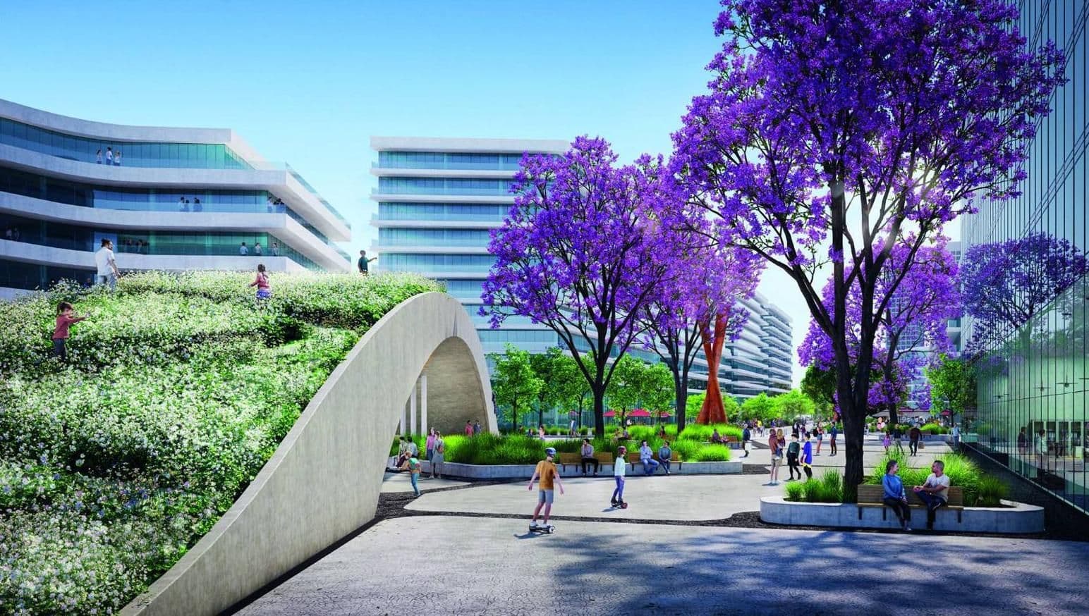Plaza del puente con jacarandás y paseo peatonal